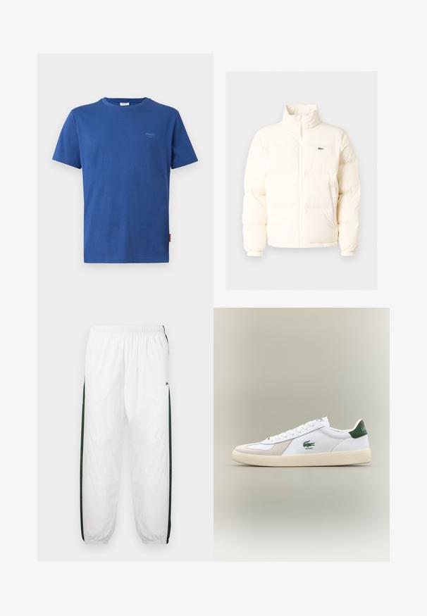 Bílá nafouknutá bunda s vysokým límcem, předním zipem, elastickými manžetami a malým zeleným logem na levé straně hrudi.; Modrá krátká tričko s krátkým rukávem vyrobené z bavlny s kulatým výstřihem. Má malou světle modrou nálepku na hrudi a štítek na boku.; Bílé tepláky s tmavě zelenými postranními panely. Lehký materiál, elastický pas a stahované lemy. Obsahují síťovanou texturu na postranních panelech.; Bílá teniska se zelenými akcenty, z materiálů semiš a kůže, kulatou špičkou, texturovanou podešví a vyšitým logem na boku a jazyku.