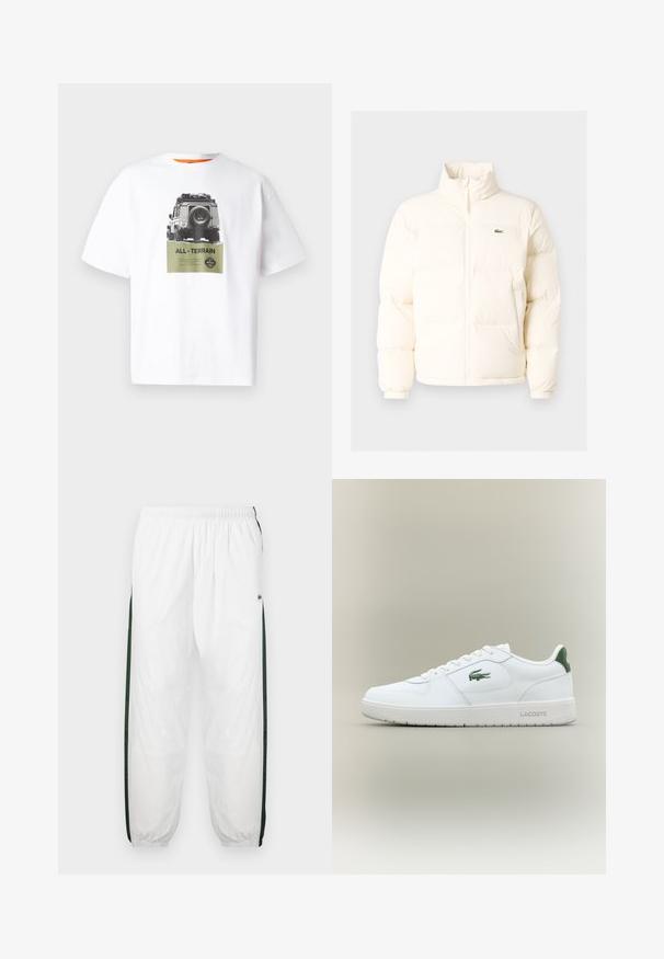 Bílá nafouknutá bunda s vysokým límcem, předním zipem, elastickými manžetami a malým zeleným logem na levé straně hrudi.; Bílá bavlněná tričko s grafikou vozidla a textem "VŠESTRANNÝ" v zelené barvě, s černobílým designem. Oranžový vnitřní límeček.; Bílé tepláky s tmavě zelenými postranními panely. Lehký materiál, elastický pas a stahované lemy. Obsahují síťovanou texturu na postranních panelech.; Bílé kožené tenisky s hladkým povrchem, zelenými akcenty na patě a zeleným logem na boku. Mají plochou podrážku a kulatou špičku.