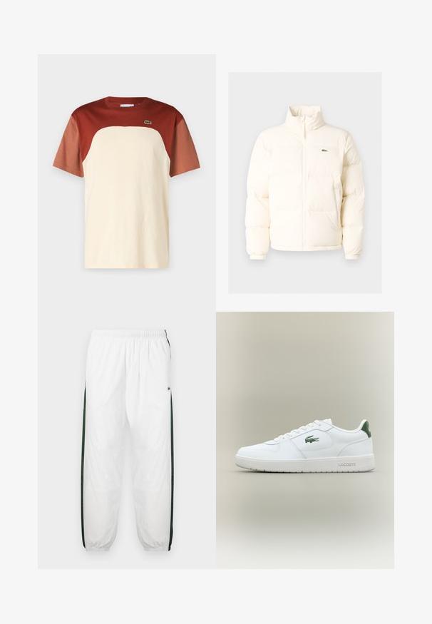 Λευκή φουσκωτή ζακέτα με ψηλό γιακά, διαθέτει μπροστινό φερμουάρ, ελαστικούς καρπούς και ένα μικρό πράσινο λογότυπο στην αριστερή πλευρά του στήθους.; T-shirt με χρωματικούς μπλοκ, featuring κρεμ σώμα με μπορντό μανίκια, στρογγυλή λαιμόκοψη και μικρό πράσινο λογότυπο στο στήθος. Από βαμβακερό υλικό.; Λευκό παντελόνι φόρμας με σκούρα πράσινα πλαϊνά πάνελ. Ελαφρύ υλικό, ελαστική μέση και μανσέτες στο κάτω μέρος. Διαθέτει διχτυωτή υφή στα πλαϊνά πάνελ.; Λευκό δερμάτινο sneaker με λεία επιφάνεια, πράσινες λεπτομέρειες στη φτέρνα και πράσινο λογότυπο στο πλάι. Διαθέτει επίπεδο σόλο και στρογγυλή μύτη.
