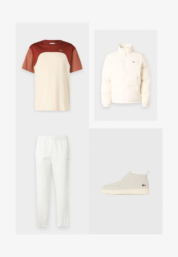 Casaco de puffer branco com colarinho alto, apresentando um fecho frontal com zíper, punhos elásticos e um pequeno logótipo verde no lado esquerdo do peito.; T-shirt em blocos de cores com um corpo creme e mangas bordeaux, gola redonda e um pequeno logotipo verde no peito. Material em algodão.; Calças de algodão brancas com cintura elástica e pernas ajustadas. Apresenta um pequeno detalhe de logótipo na lateral. Textura suave, design minimalista.; Botas de tornozelo de camurça cinza claras com bico redondo, sola de borracha branca e um discreto detalhe do logo na lateral. Apresenta fecho com cordões.