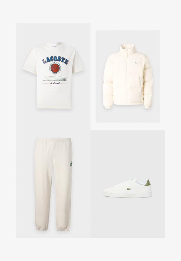 Bílá nafouknutá bunda s vysokým límcem, předním zipem, elastickými manžetami a malým zeleným logem na levé straně hrudi.; Bílý bavlněný tričko s modrým a červeným grafickým textem, ilustracemi a logem vpředu, s kulatým výstřihem a krátkými rukávy.; Světle béžové tepláky vyrobené z bavlny, s elastickým pasem, žebrovanými náplety a zeleným logem s designem listu na levé noze.; Bílé tenisky s hladkým povrchem, s zeleným akcentem na patě a malým vyšívaným logem krokodýla na boku.