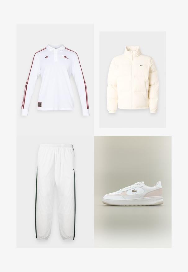 Biała kurtka puchowa z wysokim kołnierzem, z zamkiem błyskawicznym z przodu, elastycznymi mankietami i małym zielonym logo po lewej stronie klatki piersiowej.; adidas Originals ARSENAL FC ICON biały; Białe spodnie dresowe z ciemnozielonymi bocznymi panelami. Lekkie materiały, elastyczny pas i ściągacze u dołu. Zawierają siateczkową teksturę na bokach.; Białe sneakersy z gładkiej skórzanej cholewki, z zamszowymi akcentami i gumową podeszwą. Posiadają wytłoczone logo i sznurowany design. Minimalistyczna estetyka.
