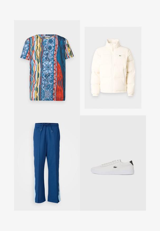 Hvid pufferjakke med høj krave, der har en frontlynlås, elastiske manchetter og et lille grønt logo på venstre bryst.; T-shirt med kort ærme med et flerfarvet mønster i blå, rød, gul og hvid på en tekstureret, vævet baggrund. Rund halsudskæring.; Marineblå træningsbukser lavet af blød stof, med en snørregang i taljen og lyseblå sidelapper med et subtilt mønster.; Hvide lædersneakers med rund tå, snørebånd foran og sort hælaccent. Har et lille broderet krokodillelogo på siden.