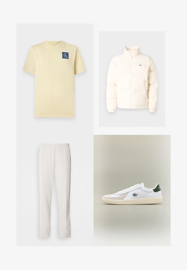 Casaco de puffer branco com colarinho alto, apresentando um fecho frontal com zíper, punhos elásticos e um pequeno logótipo verde no lado esquerdo do peito.; T-shirt de algodão amarelo de mangas curtas com um logótipo azul em forma de quadrado com "cK" no lado esquerdo do peito. Design de gola redonda clássica.; Lacoste Calças de fato de treino - hammam; Sapatilha branca com pormenores verdes, materiais em camurça e pele, bico arredondado, sola texturizada e logótipo bordado na lateral e na língua.