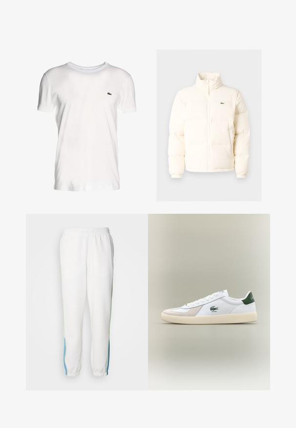 Fehér pufferezett dzseki magas gallérral, elülső zipzárral, rugalmas mandzsettákkal és egy kis zöld logóval a bal mellen.; Fehér, rövid ujjú pamut póló, klasszikus kerek nyakkivágással és egy kis zöld hímzett logóval a bal oldalon.; Fehér melegítőnadrág, gumis derékkal, zöld és kék oldalsávokkal. Puha anyagból készült, taperált bokarészes kialakítással.; Fehér sportcipő zöld részletekkel, velúr és bőr anyagból, kerek orral, texturált talppal, és hímzett logóval az oldalon és a nyelvén.