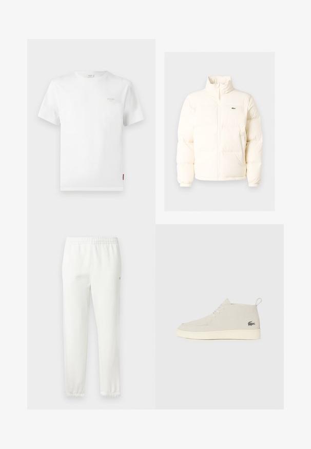 Jachetă pufoasă albă cu guler înalt, cu fermoar în față, manșete elastice și un mic logo verde pe pieptul stâng.; Tricou alb din bumbac, cu mâneci scurte, guler rotund și un mic logo gri pe pieptul stâng. Design simplu, croi normal, textură fină.; Pantaloni de trening albi din bumbac, cu un elastic la talie și picioare înguste. Prezintă un mic detaliu cu logo pe lateral. Textură moale, design minimalist.; Bojë gri deschis, ghetuțe din suede până la gleznă, cu vârful rotund, talpă din cauciuc alb și detalii subtile cu logo pe lateral. Dispune de închidere cu șiret.