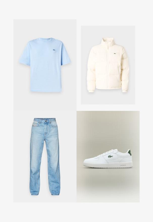 Jachetă pufoasă albă cu guler înalt, cu fermoar în față, manșete elastice și un mic logo verde pe pieptul stâng.; Tricou din bumbac de culoare albastru deschis, cu guler rotund, mâneci scurte și un mic logo brodat în zona stângă a pieptului. Textură moale, croială lejeră.; Blugi de culoare albastru deschis din denim, cu croială dreaptă, design cu cinci buzunare și o deschidere cu buton vizibil cu cusături contrastante.; Tenisuli din piele albă cu un finisaj neted, accesorii verzi pe tocul încălțămintei și un logo verde pe lateral. Dispune de o talpă plată și vârf rotund.