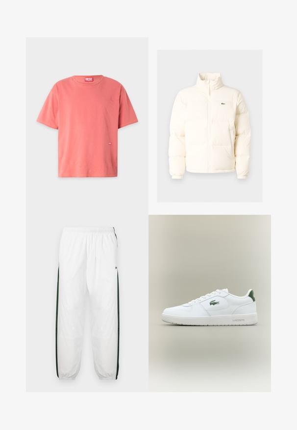 Balts pūkains jaka ar augstu apkakli, priekšā ar rāvējslēdzēju, elastīgām piedurknēm un mazu zaļu logo kreisajā krūtī.; Korallis karmus īsām piedurknēm T-krekls, kas izgatavots no kokvilnas, ar apaļu kaklu, kontrastējošām dzeltenām šuvēm un mazu sarkanu Diesel logotipu priekšpusē.; Baltas sporta bikses ar tumši zaļām sānu joslām. Viegls materiāls, elastīga josta un aproces apakšā. Satur acu auduma tekstūru sānu joslās.; Baltas ādas sneakers ar gludu apdari, zaļiem akcentiem uz papēža un zaļu logotipu sānos. Iezīmē platu zoli un apaļu pirkstu.