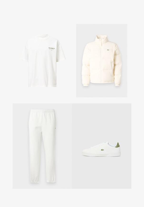 Casaco de puffer branco com colarinho alto, apresentando um fecho frontal com zíper, punhos elásticos e um pequeno logótipo verde no lado esquerdo do peito.; T-shirt de algodão branca com mangas curtas, decote redondo e um pequeno logótipo preto e dourado no lado esquerdo do peito. Bainha reta na parte inferior.; Calças de algodão brancas com cintura elástica e pernas ajustadas. Apresenta um pequeno detalhe de logótipo na lateral. Textura suave, design minimalista.; Tênis brancos com uma textura suave, apresentando um detalhe verde no calcanhar e um pequeno logotipo de crocodilo bordado na lateral.