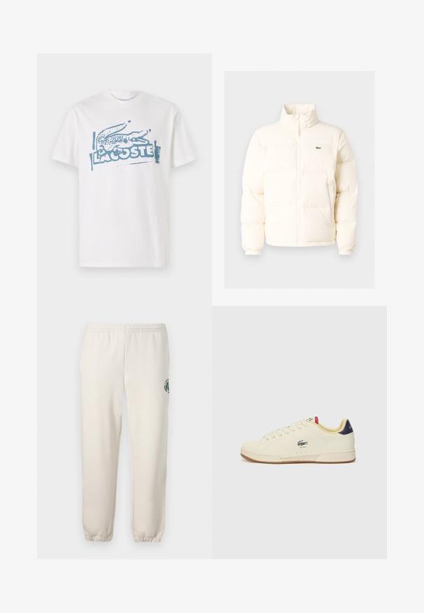 Casaco de puffer branco com colarinho alto, apresentando um fecho frontal com zíper, punhos elásticos e um pequeno logótipo verde no lado esquerdo do peito.; T-shirt de algodão branca com um logo de crocodilo azul e o texto "LACOSTE", mangas curtas, corte relaxado e textura suave.; Sweatpants beige claros feitos de algodão, com um cós elástico, punhos canelados e um logótipo verde com desenho de folha na perna esquerda.; Sapatilha Lacoste em couro creme com um acabamento texturizado. Apresenta uma sola de borracha, frente com atacadores, calcanhar azul-marinho e logótipo bordado.