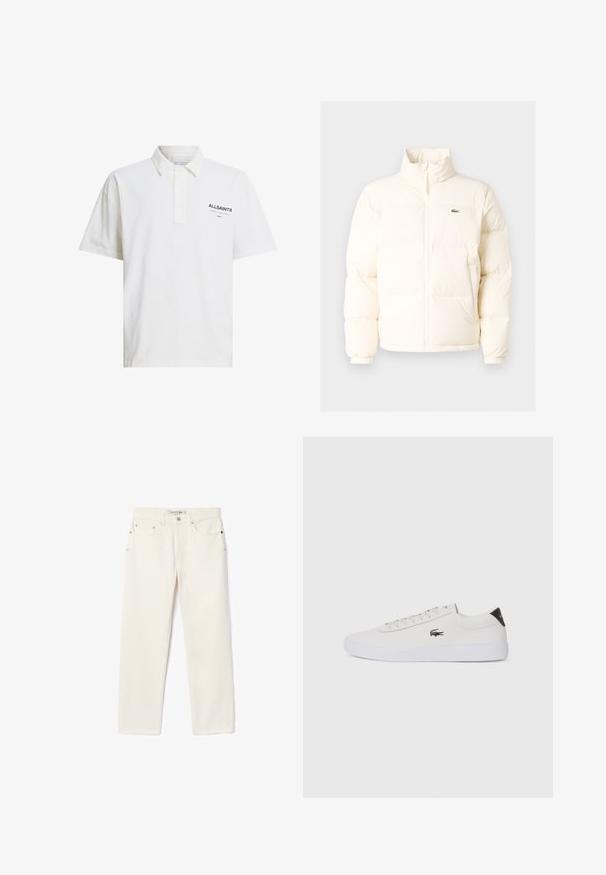 Jachetă pufoasă albă cu guler înalt, cu fermoar în față, manșete elastice și un mic logo verde pe pieptul stâng.; Tricou polo alb din bumbac, cu mâneci scurte, guler cu nasturi și un logo negru pe partea stângă. Textură netedă, croială clasică.; Jeans din denim de culoare crem, cu o croială dreaptă, având două buzunare frontale, închidere cu nasture și branding subtil aproape de talie.; Tenis din piele albă cu vârf rotund, sistem de prindere cu șireturi în față și accent negru la călcâi. Are un mic logo brodat cu crocodil pe lateral.