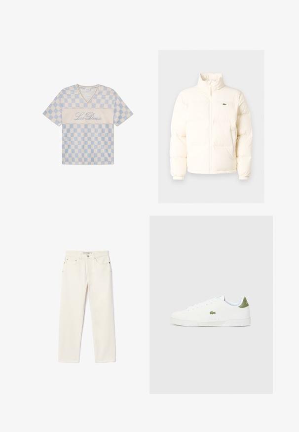 Casaco de puffer branco com colarinho alto, apresentando um fecho frontal com zíper, punhos elásticos e um pequeno logótipo verde no lado esquerdo do peito.; T-shirt de malha em padrão xadrez azul e creme, com mangas curtas, decote em V e "Les Deux" bordado na frente em letra cursiva.; Jeans de denim de cor creme com corte reto, apresentando dois bolsos frontais, um fecho com botão e uma marcação subtil perto da cintura.; Tênis brancos com uma textura suave, apresentando um detalhe verde no calcanhar e um pequeno logotipo de crocodilo bordado na lateral.