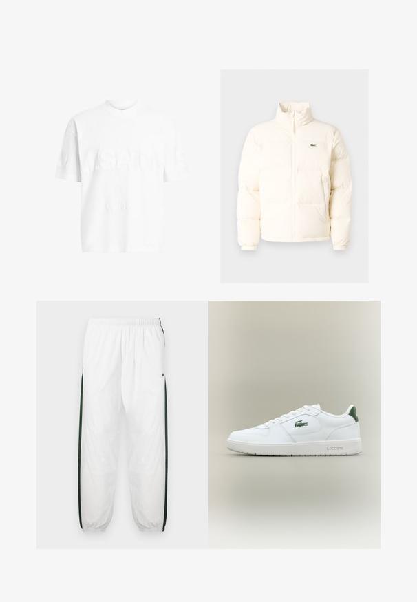 Jachetă pufoasă albă cu guler înalt, cu fermoar în față, manșete elastice și un mic logo verde pe pieptul stâng.; Tricou alb din bumbac, cu mâneci scurte și guler tip crew. Prezintă o marcă texturată "A.SAINTS" și "LONDON" pe față, într-un stil subtil embosat.; Pantaloni de trening albi cu panouri laterale de culoare verde închis. Material ușor, talie elastică și tivuri manșonate. Prezintă o textură din plasă pe panourile laterale.; Tenisuli din piele albă cu un finisaj neted, accesorii verzi pe tocul încălțămintei și un logo verde pe lateral. Dispune de o talpă plată și vârf rotund.