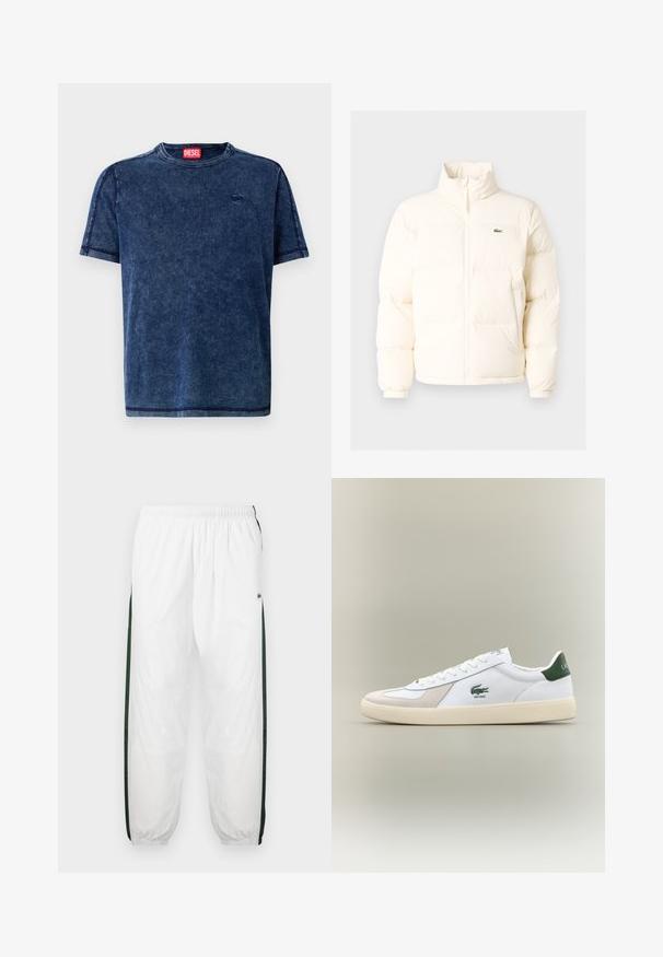 Fehér pufferezett dzseki magas gallérral, elülső zipzárral, rugalmas mandzsettákkal és egy kis zöld logóval a bal mellen.; Sötétkék farmer póló rövid ujjal, kerek nyakkivágással és diszkrét logó részlettel. A széleken kontrasztos varrás található.; Fehér sportnadrág sötétzöld oldalpanelekkel. Könnyű anyagból készült, rugalmas derékkal és gumis szegéllyel. Az oldalpaneleken hálós textúra található.; Fehér sportcipő zöld részletekkel, velúr és bőr anyagból, kerek orral, texturált talppal, és hímzett logóval az oldalon és a nyelvén.