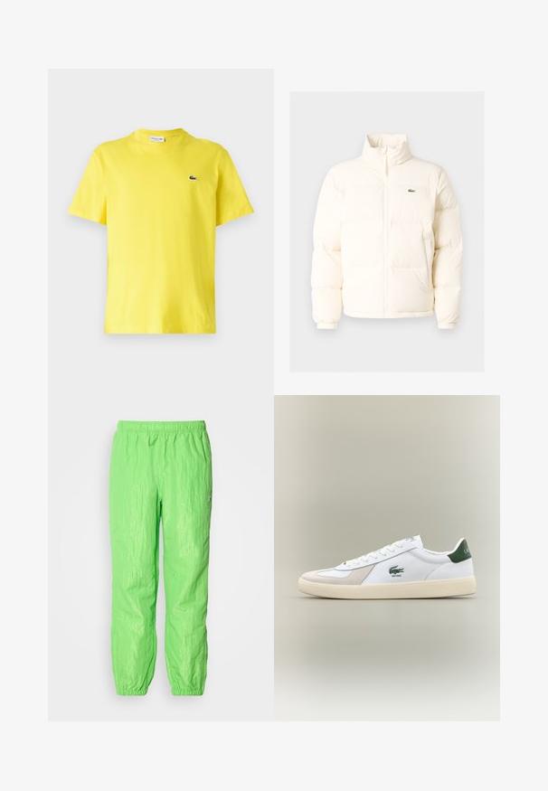 Balts pūkains jaka ar augstu apkakli, priekšā ar rāvējslēdzēju, elastīgām piedurknēm un mazu zaļu logo kreisajā krūtī.; Dzeltena kokvilnas T-krekls ar apaļu kakla izgriezumu un īsām piedurknēm. Ar mazu melnu Lacoste logotipu uz krūtīm. Gluda tekstūra.; Neon zaļas vieglas bikses ar elastīgu jostasvietu, kurām ir nedaudz savilkta tekstūra un savilkti aproces pie potītēm.; Baltie sporta apavi ar zaļiem akcentiem, izgatavoti no zamša un ādas, ar noapaļotu purngalu, teksturētu zoli un izšūtu logotipu sānos un uz mēles.