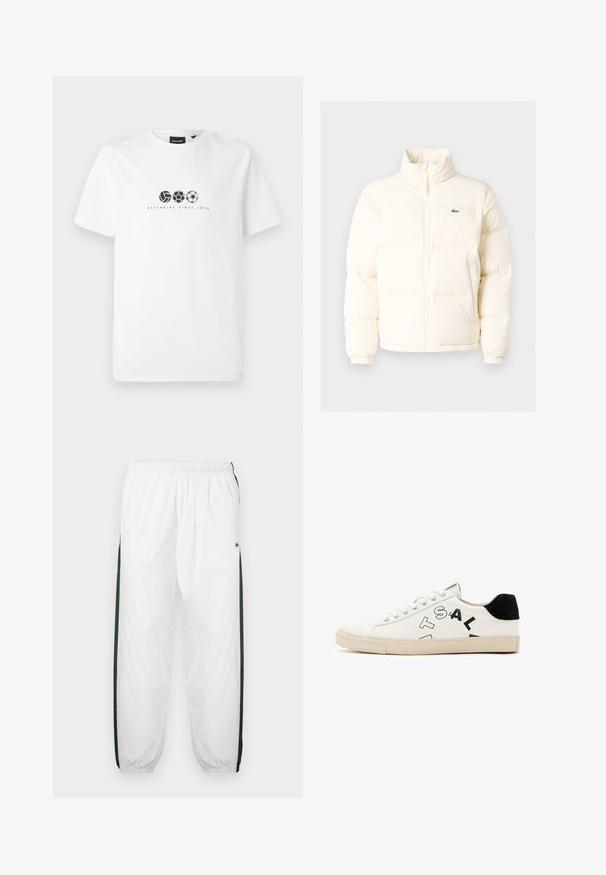 Biela puffrová bunda s vysokým golierom, predným zipsom, elastickými manžetami a malým zeleným logom na ľavom prsníku.; Biela bavlnená tričko s potlačou na ktorej sú zobrazené tri rôzne športové lopty a text "Bránim od roku 1874" pod nimi.; Biele športové nohavice s tmavozelenými bočnými panelmi. Ľahký materiál, elastický pás a sťahované lemy. Obsahujú sieťovinovú textúru na bočných paneloch.; Biele kožené tenisky s čiernymi akcentmi na päte, s výrazným čiernym nápisom na boku a gumovou podrážkou. Minimalistický dizajn.