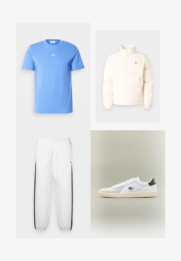 Jachetă pufoasă albă cu guler înalt, cu fermoar în față, manșete elastice și un mic logo verde pe pieptul stâng.; Tricou din bumbac albastru, cu mânecă scurtă și guler rotund, având un mic logo alb "Gant" centrat pe piept. Textură moale, croi lejer.; Pantaloni de trening albi cu panouri laterale de culoare verde închis. Material ușor, talie elastică și tivuri manșonate. Prezintă o textură din plasă pe panourile laterale.; Adidași albi cu accente verzi, din suede și piele, cu vârf rotunjit, talpă texturată și logo brodat pe lateral și pe limbă.