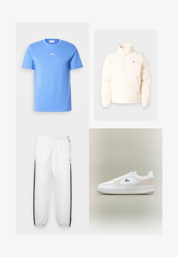 Balta pūkinė striukė su aukštu kaklu, turinti priekinį užtrauktuką, elastines rankogalius ir mažą žalią logotipą kairėje krūtinės pusėje.; Mėlyna trumpomis rankovėmis medvilninė marškinėlių su apvalia iškirpte, su mažesniu baltu "Gant" logotipu centriniame krūtinės regione. Minkšta tekstūra, laisvas kirpimas.; Baltos treniruočių kelnės su tamsiai žaliais šonų juostelėmis. Lengva medžiaga, elastinga juosmens juosta ir apASPIRUOTI rankogaliai. Šonų juostelėse yra tinklelio tekstūra.; Balti sportbačiai su lygia odos viršutine dalimi, zomšos akcentais ir guminiais padu. Yra reljefinis logotipas ir raištelių uždėjimo dizainas. Minimalistinis estetika.