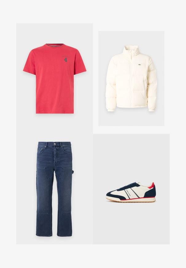 Jachetă pufoasă albă cu guler înalt, cu fermoar în față, manșete elastice și un mic logo verde pe pieptul stâng.; Tricou roșu din bumbac cu guler rotund și mâneci scurte. Prezintă un mic logo închis la culoare și numărul „4” imprimat pe piept. Design simplu.; Pantaloni din denim de culoare albastră închisă, cu o croială lejeră, dotati cu buzunare aplicate, design cu pantaloni drepți și o ușoară decolorare a materialului.; Adidași albi cu accente bleumarin și roșii, talpă texturată, design cu șireturi și marca "Tommy Jeans" pe lateral.