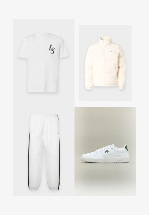 Hvid pufferjakke med høj krave, der har en frontlynlås, elastiske manchetter og et lille grønt logo på venstre bryst.; Hvid bomulds T-shirt med korte ærmer, der har et marineblåt "LS" logo på venstre brystområde. Glat tekstur, klassisk rund halsdesign.; Hvide træningsbukser med mørkegrønne sidelæg. Letvægtsmateriale, elastisk talje og manchetter ved benene. Har mesh-struktur på sidelæggene.; Hvide lædersneakers med en glat overflade, grønne accenter på hælen og et grønt logo på siden. Har en flad sål og rund tå.