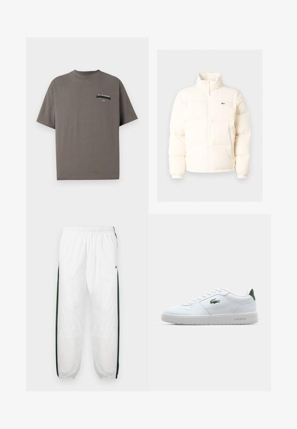 Weiße Daunenjacke mit hohem Kragen, ausgestattet mit einem Frontreißverschluss, elastischen Bündchen und einem kleinen grünen Logo auf der linken Brust.; Graues Baumwoll-T-Shirt mit Rundhalsausschnitt, kurzen Ärmeln und einem bedruckten Brusttaschen-Design mit "ALL SAINTS" und zusätzlichem Text.; Weiße Trainingshose mit dunkelgrünen Seiteneinsätzen. Leichtes Material, elastischer Bund und gerippte Säume. Mit Netzstruktur an den Seiteneinsätzen.; Weiße Leder-Sneaker mit Gummisohle, grünem Fersenelement und kleinem grünem Logo. Verfügt über strukturierte Seitenpaneele und runde Schnürsenkel.
