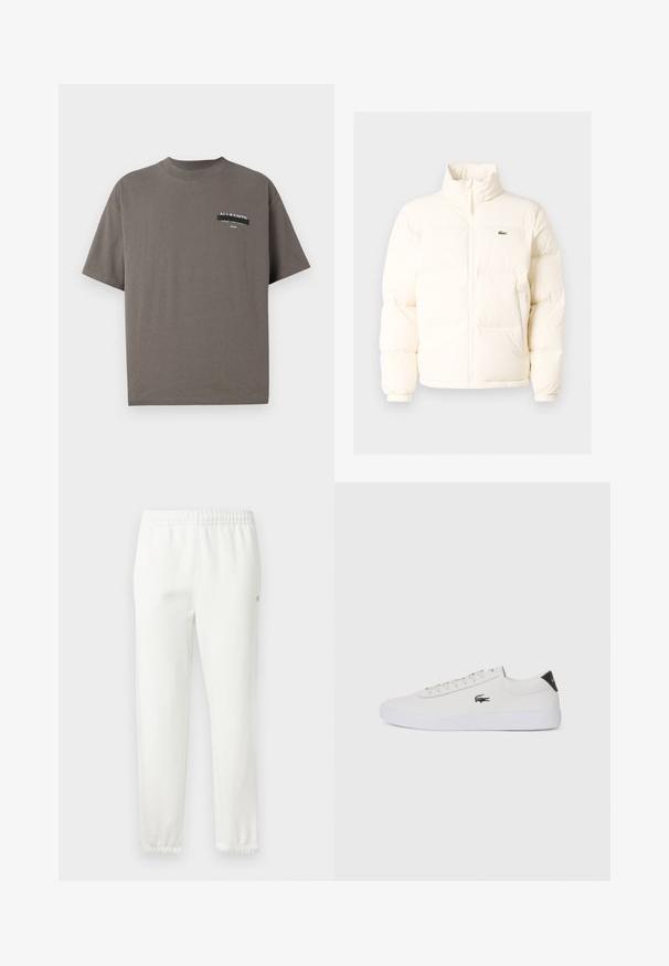 Fehér pufferezett dzseki magas gallérral, elülső zipzárral, rugalmas mandzsettákkal és egy kis zöld logóval a bal mellen.; Szürke pamut póló kerek nyakkivágással, rövid ujjal, és egy logózott zsebbes nyomtatással, amelyen az "ALL SAINTS" és további szöveg szerepel.; Fehér pamut melegítőnadrág, elasztikus derékkal és beszűkült lábakkal. Oldalán kis logós részlet található. Puha tapintású, minimalista dizájn.; Fehér bőr sportcipő kerek orral, fűzős elülső résszel és fekete sarok akcentussal. Oldalán egy kis hímzett krokodil logóval rendelkezik.
