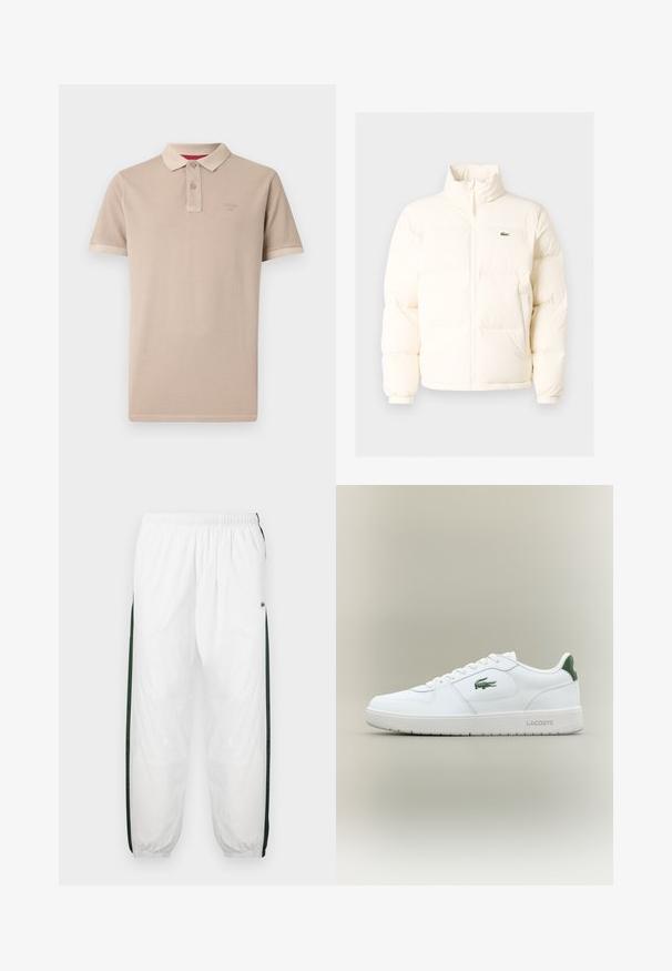 Fehér pufferezett dzseki magas gallérral, elülső zipzárral, rugalmas mandzsettákkal és egy kis zöld logóval a bal mellen.; Beige pólóing puha anyagból, klasszikus gallérral, két gombos gallérnyílással, rövid ujjakkal és diszkrét logóval a mellkason.; Fehér sportnadrág sötétzöld oldalpanelekkel. Könnyű anyagból készült, rugalmas derékkal és gumis szegéllyel. Az oldalpaneleken hálós textúra található.; Fehér bőr sneaker sima felülettel, zöld akcentussal a saroknál, és zöld logóval az oldalon. Lapos talpa és kerek orra van.