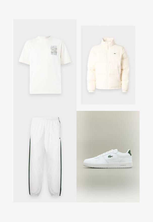 Witte pufferjack met een hoge kraag, voorzien van een ritssluiting aan de voorkant, elastische boorden en een klein groen logo op de linkerborst.; Witte katoenen t-shirt met korte mouwen, met een blauw en grijs bloemenontwerp en de tekst "GUESS DESIGN" in een geïllustreerde stijl.; Witte trainingsbroek met donkergroene zijpanelen. Lichtgewicht materiaal, elastische tailleband en boordjes aan de onderkant. Heeft een meshstructuur op de zijpanelen.; Witte leren sneaker met een gladde afwerking, groene accenten op de hak en een groen logo aan de zijkant. Beschikt over een platte zool en een ronde neus.