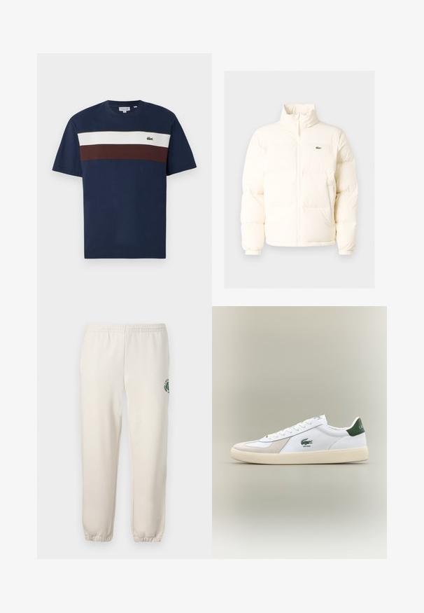 Casaco de puffer branco com colarinho alto, apresentando um fecho frontal com zíper, punhos elásticos e um pequeno logótipo verde no lado esquerdo do peito.; T-shirt de algodão azul marinho com riscas horizontais em creme e borgonha, com um pequeno logótipo de crocodilo verde no peito.; Sweatpants beige claros feitos de algodão, com um cós elástico, punhos canelados e um logótipo verde com desenho de folha na perna esquerda.; Sapatilha branca com pormenores verdes, materiais em camurça e pele, bico arredondado, sola texturizada e logótipo bordado na lateral e na língua.