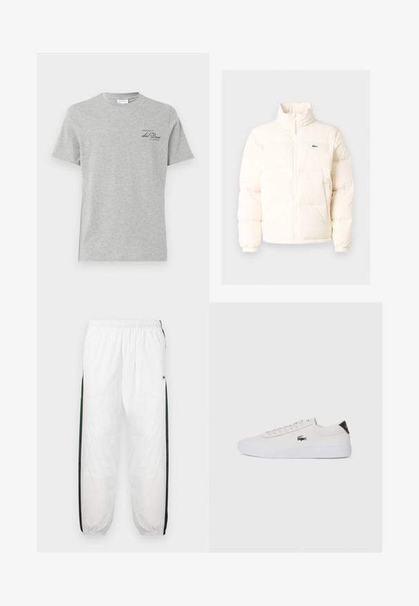Valge pūusapüüri jope kõrge kaelusega, esiküljel lukuga, elastsete mansettidega ja väikese rohelise logoga vasakul rinnal.; Hall sünnipäeva t-särk, millel on ümar kaelus, lühikesed varrukad ja vasakul ees väike must trükitud logo. Pehme tekstuur ja regulaarne lõige.; Valged sportpüksid tumeroheline külgpanelitega. Kerge materjal, elastne vöökoht ja mansetid. Külgpanelitel on võrkmuster.; Valge nahast tenniseking ümara ninaga, lukkude ja musta kontsa aktsendiga. Külgedel on väike broderi krokodilli logo.