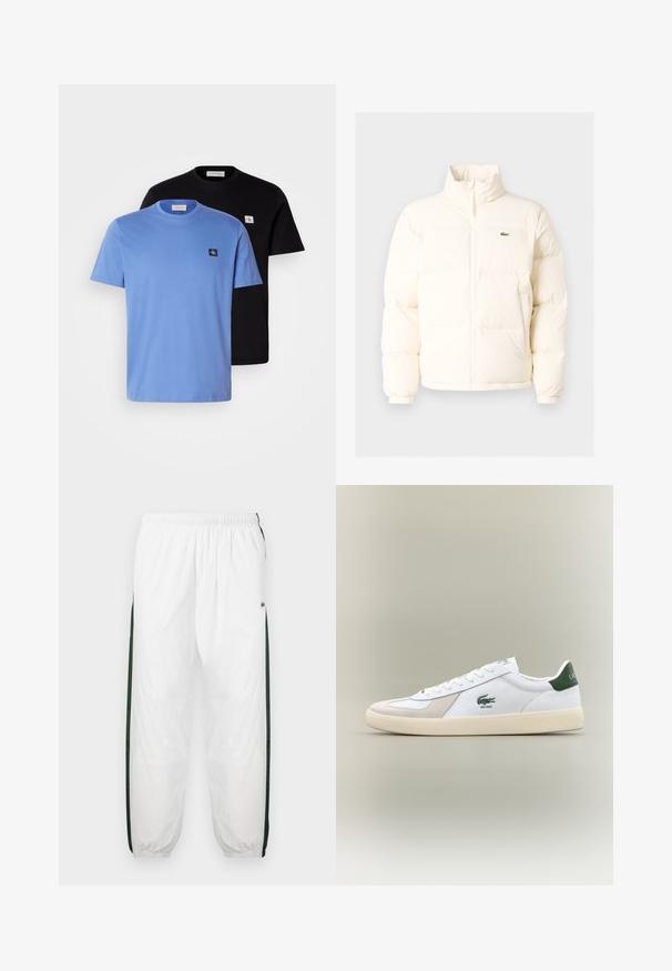 Λευκή φουσκωτή ζακέτα με ψηλό γιακά, διαθέτει μπροστινό φερμουάρ, ελαστικούς καρπούς και ένα μικρό πράσινο λογότυπο στην αριστερή πλευρά του στήθους.; Δύο βαμβακερά T-shirts, ένα ανοιχτό μπλε και ένα μαύρο, με στρογγυλά γιακά και μικρές λογότυπες ραφές στο στήθος. Λαμπερή υφή.; Λευκό παντελόνι φόρμας με σκούρα πράσινα πλαϊνά πάνελ. Ελαφρύ υλικό, ελαστική μέση και μανσέτες στο κάτω μέρος. Διαθέτει διχτυωτή υφή στα πλαϊνά πάνελ.; Λευκά αθλητικά παπούτσια με πράσινες λεπτομέρειες, από σουέντ και δέρμα, στρογγυλεμένη μύτη, υφή στην εξωτερική σόλα και κεντητό λογότυπο στο πλάι και στη γλώσσα.