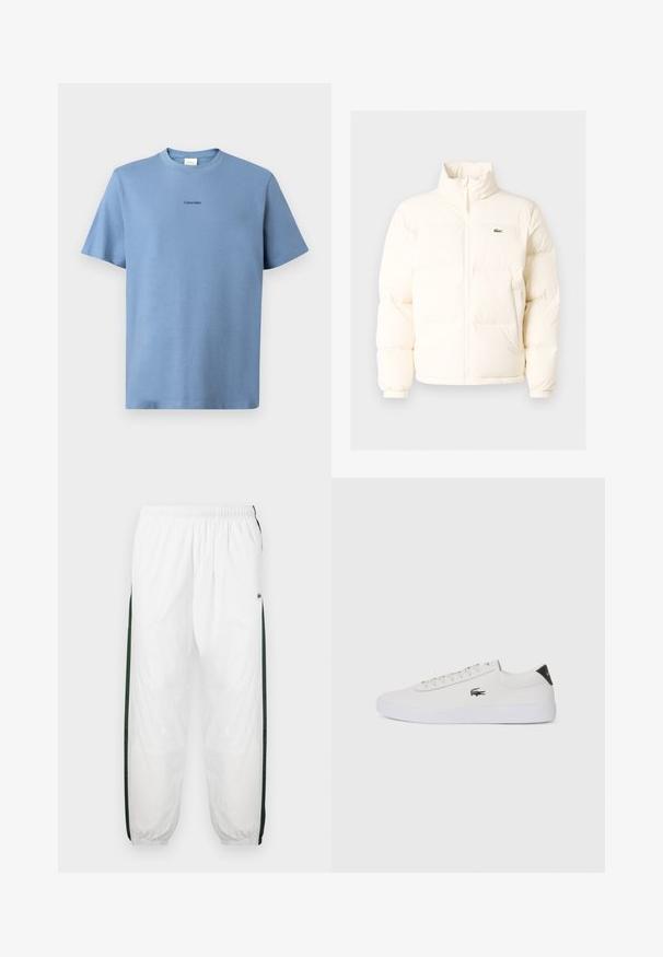 Balts pūkains jaka ar augstu apkakli, priekšā ar rāvējslēdzēju, elastīgām piedurknēm un mazu zaļu logo kreisajā krūtī.; Gaiši zilas kokvilnas T-kreklis ar īsām piedurknēm, apaļu kakla izgriezumu un diskrētu "Calvin Klein" logo melnā krāsā uz krūtīm. Gluda tekstūra.; Baltas sporta bikses ar tumši zaļām sānu joslām. Viegls materiāls, elastīga josta un aproces apakšā. Satur acu auduma tekstūru sānu joslās.; Baltas ādas sporta apavu modelis ar noapaļotu purngalu, sasienamu priekšpusi un melnu papēža akcentu. Satur nelielu izšūtu krokodila logo sānos.