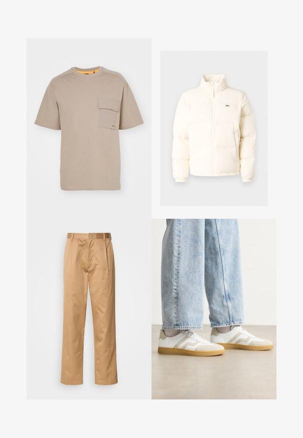 Bílá nafouknutá bunda s vysokým límcem, předním zipem, elastickými manžetami a malým zeleným logem na levé straně hrudi.; BOSS POCKET - Jednoduché tričko - open brown; Khaki kalhoty, směs bavlny, rovný střih, přední záhyby, poutka na opasek a knoflíkové zapínání. Hladká textura bez vzorů.; Bílé tenisky s béžovými semišovými akcenty a světlými gumovými podrážkami; mají nízký střih a strukturované detaily na svršku.
