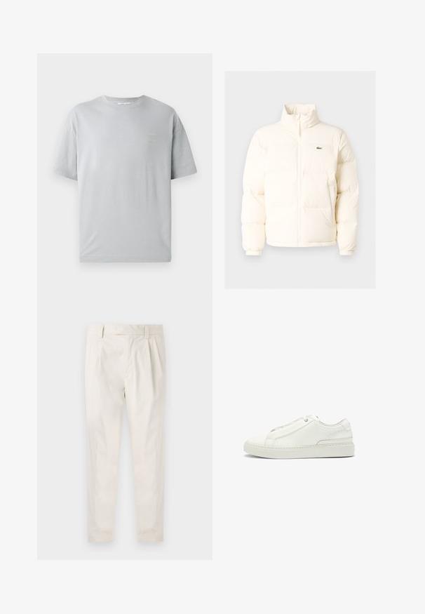 Weiße Daunenjacke mit hohem Kragen, ausgestattet mit einem Frontreißverschluss, elastischen Bündchen und einem kleinen grünen Logo auf der linken Brust.; Graues Baumwoll-T-Shirt mit entspannter Passform, kurzen Ärmeln und einem kleinen gelben Textdetail auf der Vorderseite. Weiche Textur und klassischer Rundhalsausschnitt.; Weiße, plissierte Hose mit taillierten Schnitt, die eine glatte Textur, Gürtelschlaufen und schmal zulaufende Beine aufweist. Keine sichtbaren Taschen oder Muster.; Weiße Leder-Sneaker mit strukturierter Oberseite, runder Zehenform, minimalistischem Design und Gummisohle mit gestickten Details.