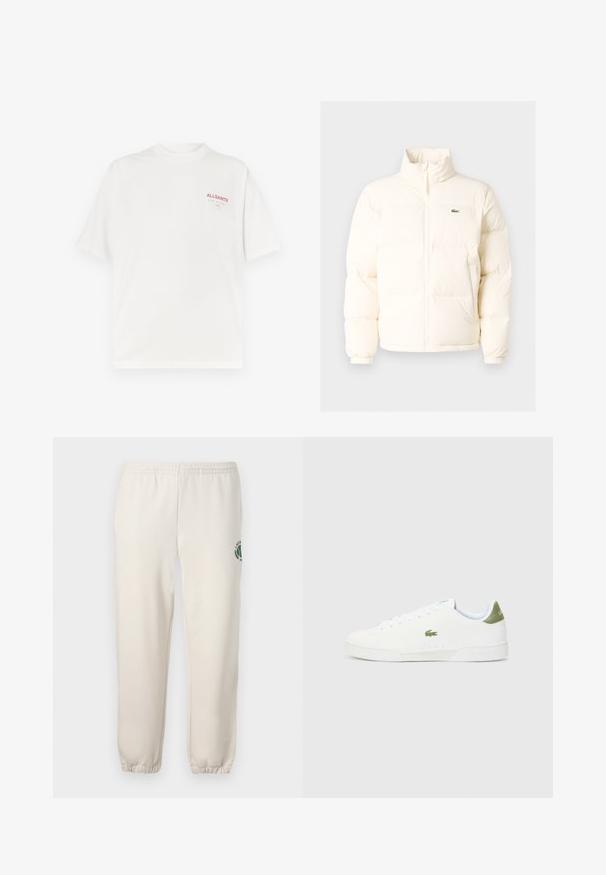 Witte pufferjack met een hoge kraag, voorzien van een ritssluiting aan de voorkant, elastische boorden en een klein groen logo op de linkerborst.; Witte katoenen t-shirt met een ronde hals, korte mouwen en een rood logo op de linkerkant van de borst, met een gladde textuur en een relaxte pasvorm.; Lichtbeige sweatpants van katoen, met een elastische tailleband, geribde boorden en een groen logo met een bladerenontwerp op het linkerpand.; Witte sneakers met een gladde textuur, voorzien van een groene accent bij de hiel en een klein geborduurd krokodillenlogo aan de zijkant.