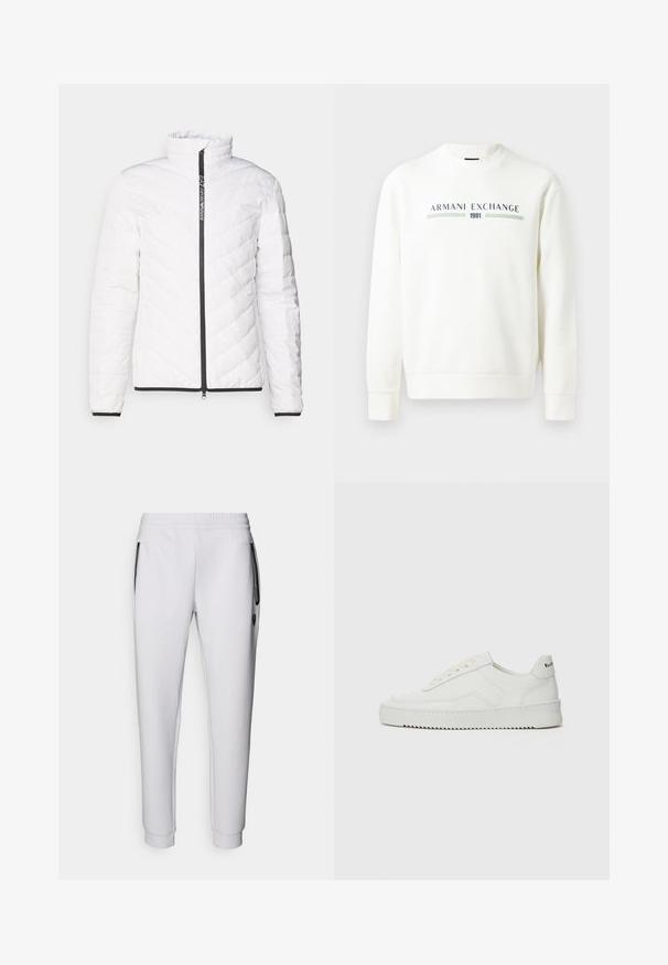 Balta pūkinė striukė su aukštu apykakle, įstrižiniu quilted raštu, juodu užtrauktuku ir juodu apvadu ant rankovių bei apačios.; Baltas sportinis džemperis su apvalia iškirpte, ilgomis rankovėmis ir rauktomis rankogaliais. Puošia mėlynai žalias spausdintas "Armani Exchange 1991" logotipas.; Baltos sportinės kelnės su elastinga juosta, dviem šoninėmis kišenėmis, juodais užtrauktukų akcentais ir susiraukusiais sastais ties kulkšniais. Lygi tekstūra.; Balti odiniai sportiniai bateliai su lygia apdaila, apvaliu pirštu, plokščiais raišteliais ir tekstūruotu padu. Pasižymi subtiliu logotipu ant kulno.