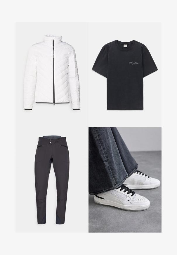 Valge õhkpuffy jakk, millel on kõrge krae, diagonaalne litritunne, must tõmblukk ning must äär käiste ja hemil.; Must have lühikesed varrukad ümmarguse kaelusega must T-särk, millel vasakul rinnal on väike valge "Filling Pieces" teksti logo.; Mustad mustad tehnilised püksid, kitsas lõige, millel on lukuga esikotid, tugevdatud põlveosad ja tekstureeritud vöökoht.; Valged sneakerid mustade paelte ja võrgukaunistustega. Omavad siledat nahast ülemist osa ja tekstureeritud kummist tallat. Kombineeritud laiade hallide teksadega.