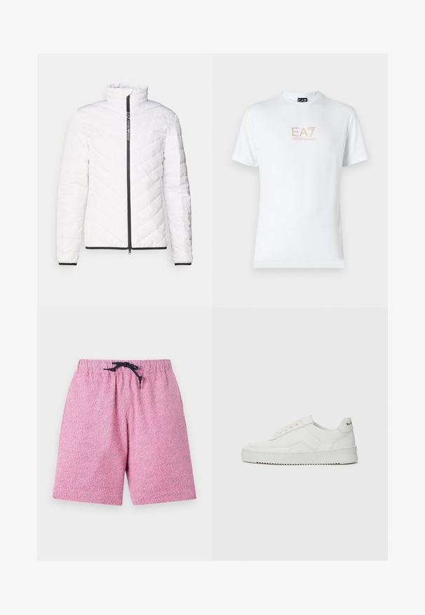 Jachetă albă din material pufos, cu guler înalt, model diagonal de matlasare, fermoar negru și margine neagră pe manșete și tiv.; Tricou alb din bumbac, cu guler rotund și mâneci scurte, având un logo auriu EA7 Emporio Armani imprimat pe față.; Șorturi de baie roz, cu un model, prevăzute cu un brâu elastic și un șnur negru. Materialul pare ușor, cu o suprafață texturată.; Sneakers din piele albă cu un finisaj neted, vârf rotund, șireturi plate și o talpă texturată. Prezintă un logo subtil pe călcâi.