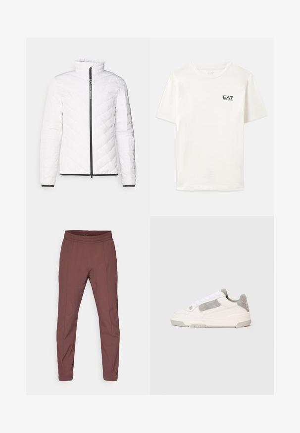 Λευκό μπουφάν puffer με ψηλό γιακά, διαγώνιο κεντημένο σχέδιο, μαύρο φερμουάρ και μαύρη περιλαίμιο γύρω από τους καρπούς και το στρίφωμα.; Λευκό βαμβακερό t-shirt με κοντά μανίκια, στρογγυλή λαιμόκοψη και μικρό μαύρο λογότυπο EA7 στο αριστερό στήθος. Λείος υφασμάτινος ιστός, κανονική εφαρμογή.; Κάπρι παντελόνια σε μπορντό απόχρωση με ελαστική μέση, στενή εφαρμογή, μαλακή υφή και διακριτές λεπτομέρειες στην πλαϊνή ραφή. Απλός σχεδιασμός, χωρίς επιπλέον αξεσουάρ.; Λευκά και ανοιχτό γκρίζα χαμηλά αθλητικά παπούτσια με λευκές κορδόνες και σουέτ λεπτομέρειες, εμφανίζονται από πλάγια σε απλή ανοιχτή φόντο.