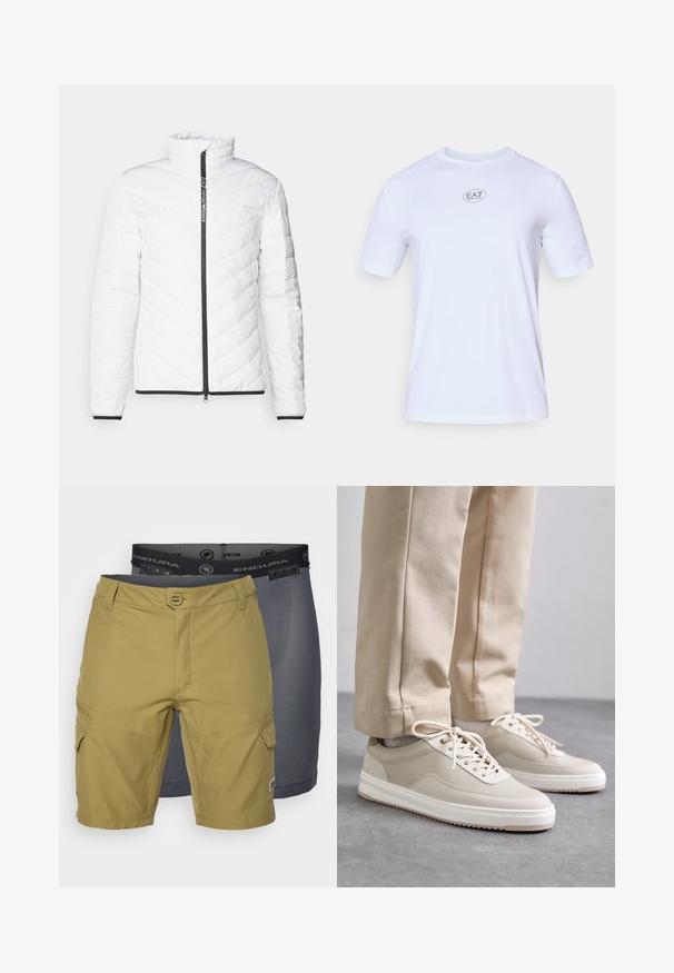 Balta pūkaina jaka ar augstu apkakli, diagonālu quilted rakstu, melnu rāvējslēdzēju un melnu apdari gar piedurknēm un apakšmalu.; Balts īsām piedurknēm sporta krekls, izgatavots no viegla, elpojoša sieta auduma. Tam ir apaļš kakla izgriezums un apļveida EA7 logo uz krūšu daļas.; Divas divas: viens olīvu zaļš ar kabatām un teksturētu jostasvietu, un viens tumši pelēks acs oderējums, kas redzams zemāk.; Beži sneakeri ar teksturētu augšējo daļu, balti zoli un izšūtām akcentiem, kopā ar bežām biksēm, izlikti uz pelēka virsmas.