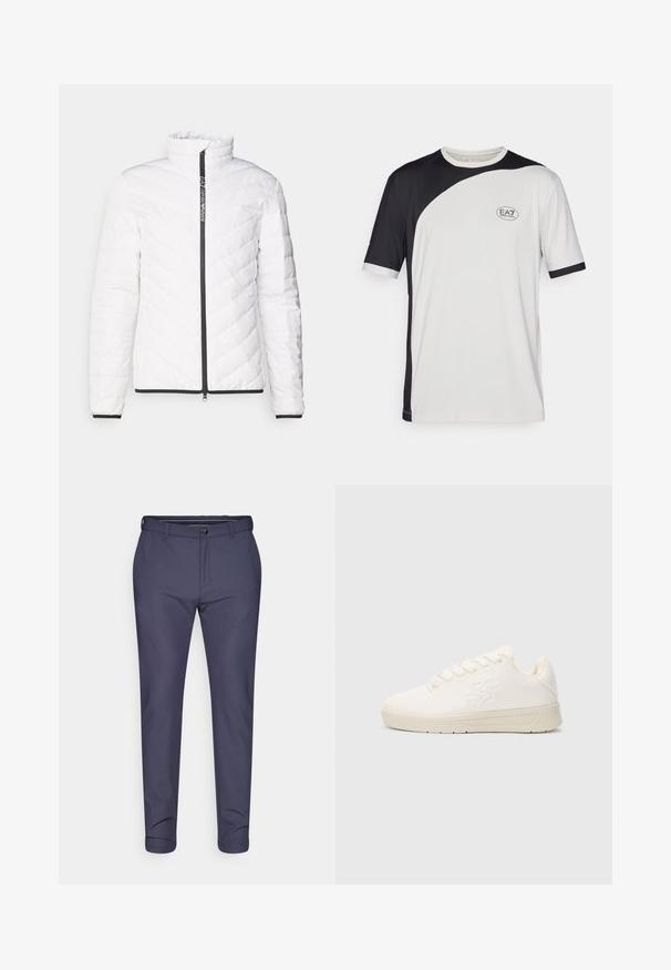 White puffer jacket featuring a high collar, diagonal quilted pattern, black zipper, and black trim along the cuffs and hem.; Short-sleeve T-shirt featuring a black and white color block design, made of lightweight fabric. Includes EA7 logo on the chest.; Navy blue trousers made of smooth fabric, featuring a button and zipper closure, with a tapered design and rolled cuffs.; White synthetic sneaker with a smooth texture, round toe, lace-up design, and a logo embossed on the side. Flat rubber outsole.