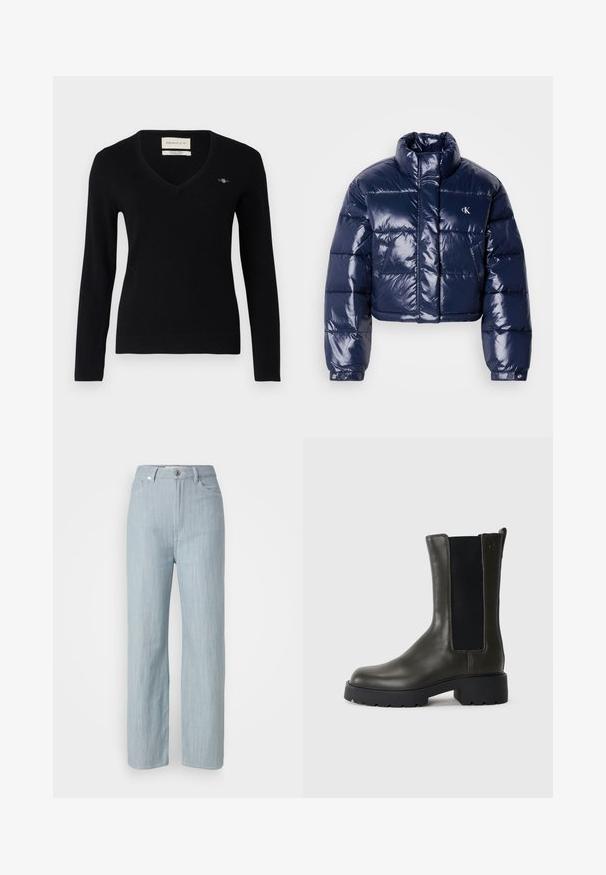 Apsiaustas pūkuotas švarkas iš blizgaus tamsiai mėlyno nailono, su aukštu kaklu, siuvinėta konstrukcija ir logotipo akcentu ant krūtinės.; Juodas V formos megztinis, pagamintas iš minkštos mezgimo medžiagos. Turi ilgomis rankovėmis, raukšlėtus rankogalius ir mažą išsiuvinėtą logotipą ant krūtinės.; Šviesiai mėlyni tiesūs džinsai, pagaminti iš džinsinio audinio. Turi penkias kišenes, metalinį mygtuko užsegimą ir subtilų dėmėtumą, suteikiantį tekstūrą.; Žalios odinės aulinės bateliai su elastinėmis šoninėmis panelėmis, apvaliu pirštu ir guminiais padais. Yra tekstūruotas paviršius ir kvadratinis kulnas.