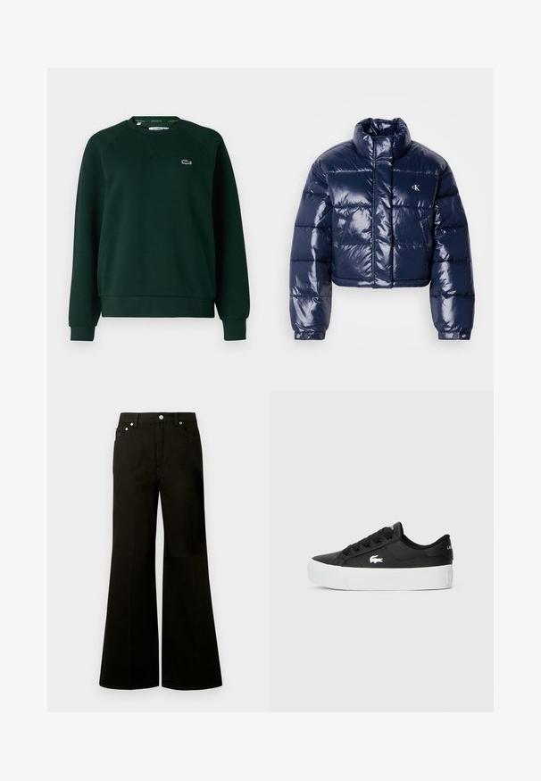 Rövidített pufi dzseki fényes sötétkék nejlonból, magas gallérral, steppelt mintával és logóval az emlőrészen.; Lacoste Melegítőfelső - sinople; Fekete, magas derekú, széles szárú farmernadrág elöl gombbal és cipzárral, övbújtatókkal és öt zsebbel, köztük egy kis érmepénztárcával.; Fekete alacsony szárú sneaker szintetikus anyagból, fehér gumitalppal, fekete fűzőkkel és egy kis fehér logóval az oldalán.