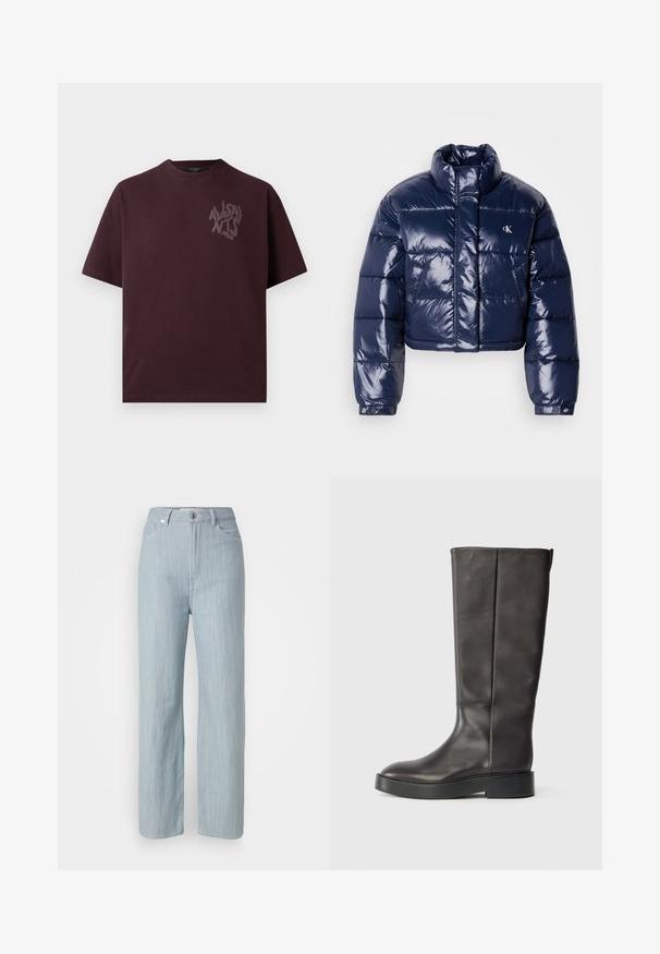 Kort puffjakke i blankt marineblått nylon, med høy krage, quiltet design og logo-accent på brystet.; Burgunderfarget bomulls-T-skjorte med korte ermer, rund hals og en subtil grafisk logo i mørkere nyanse på venstre bryst.; Lys blå rett ben jeans laget av denim. Har fem lommer, en metallknapplukking og subtil slitasje for tekstur.; Svart lærsko med knelange skaft og tykk såle, med en diskret Calvin Klein-logo nær den øverste kanten, vist fra siden.