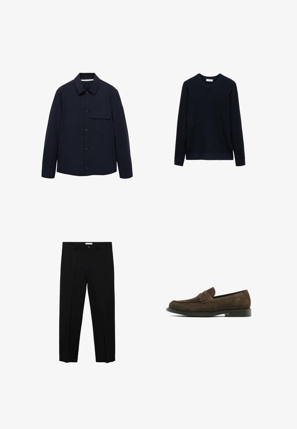 Veste navy à boutonnière avec manches longues, col, poche plaquée à l'avant et tissu texturé. Les boutons sont à l'avant pour la fermeture.; Pull en maille côtelée marine avec des manches longues, un col rond et un ourlet droit. Fabriqué en tissu texturé pour plus de chaleur.; Pantalons noirs ajustés avec une coupe droite, dotés d'une fermeture à un bouton, de passants de ceinture et de plis à l'avant. Fabriqués à partir d'un tissu lisse.; Mocassin en daim marron foncé avec un bout arrondi, des détails cousus et une semelle en caoutchouc plate. Il présente un accent classique de porte-monnaie.