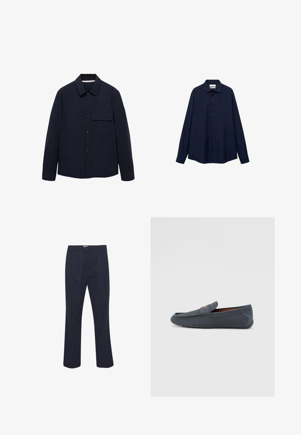 Granatowa kurtka zapinana na guziki z długimi rękawami, kołnierzem, przednią kieszenią naszywaną oraz teksturowanym materiałem. Zapięcie znajduje się z przodu na guziki.; Granatowa koszula zapinana na guziki z kołnierzykiem, długimi rękawami i prostym dołem. Charakteryzuje się gładką fakturą i pięcioma guzikami z przodu.; Granatowe spodnie wykonane z mieszanki bawełny, z zapięciem na guzik, płaskim przodem, prostymi nogawkami i bocznymi kieszeniami.; Szare, perforowane mokasyny o konstrukcji typu slip-on, z pomarańczowym akcentem, zaokrąglonym noskiem i teksturowaną gumową podeszwą.