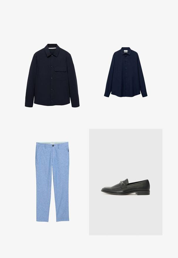 Marine knoopjack met lange mouwen, een kraag, voorzak en textuurstof. Knopen zijn vooraan voor sluiting.; Navyblauw button-up overhemd met een kraag, lange mouwen en een rechte zoom. Beschikt over een gladde textuur en vijf knopen aan de voorkant.; Lichtblauwe, gestructureerde chino's gemaakt van stof met een subtiel gemêleerd patroon. Voorzien van zijzakken, een enkele achterzak en een knoopsluiting.; Zwarte leren instapper met een gladde afwerking, voorzien van een gestikt ontwerp en een decoratieve metalen kettingaccent over de wreef. Platte hak.