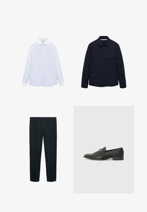 Giacca blu navale con maniche lunghe, colletto, tasca frontale a toppa e tessuto strutturato. I bottoni sono posti sul davanti per la chiusura.; Camicia a maniche lunghe a righe blu chiaro con colletto e polsini bianchi, dotata di chiusura con bottoni sul davanti e orlo curvo. Tessuto dalla texture liscia.; Pantaloni neri in tessuto morbido, con taglio dritto, due tasche frontali e vita sagomata con passanti per cintura.; Mocassino in pelle nera con finitura liscia, caratterizzato da un design cucito e da un accento decorativo in catena metallica sul vamp. Tacco piatto.