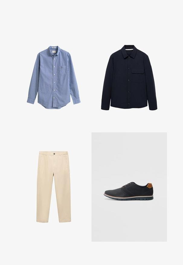 Námornícky kabát s dlhými rukávmi, golierom, prednou nášivkovou kapsou a textúrovanou tkaninou. Gombíky sú umiestnené vpredu na zapínanie.; Modrá a biela vertikálne pruhovaná košeľa s dlhým rukávom, golierom na gombíky, jedným predným vreckom a zaobleným lemom. Hladká bavlnená látka.; Béžové, voľné nohavice z mäkkej tkaniny; majú elastický pás, predné vrecká a rovný strih nohavic.; Čierne syntetické topánky so štruktúrovaným zvrškom, hladkými akcentmi, hnedým opätkom a kontrastnou podrážkou. Majú minimálne šnurovanie a detaily prešitia.