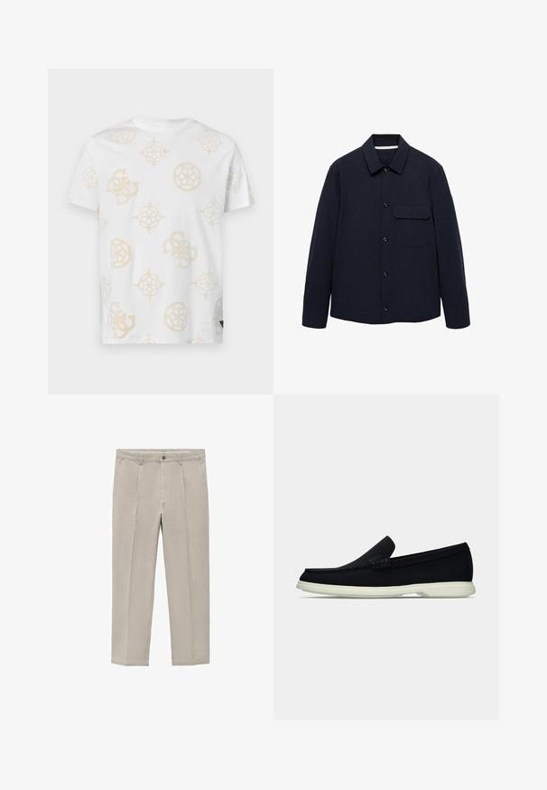 Námornícky kabát s dlhými rukávmi, golierom, prednou nášivkovou kapsou a textúrovanou tkaninou. Gombíky sú umiestnené vpredu na zapínanie.; Biela bavlnená tričko s ľahkým béžovým abstraktným vzorom rôznych geometrických tvarov a log. Klasický okrúhly výstrih a krátke rukávy.; Svetlo béžové nohavice vyrobené z bavlnenej zmesi, s rovnými nohavicami, prednými záhybmi, zapínaním na gombík a bočnými vreckami.; Čierne nazúvacie topánky s okrúhlou špičkou, s textúrovaným zvrškom, hladkou bielou podrážkou a jemným brandingom po boku.